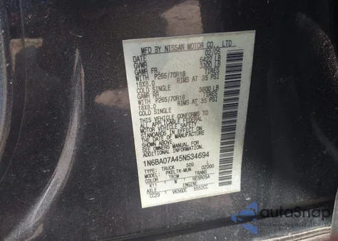 2005 Nissan Titan Se from USA, damaged, VIN 1N6BA07A45N534694